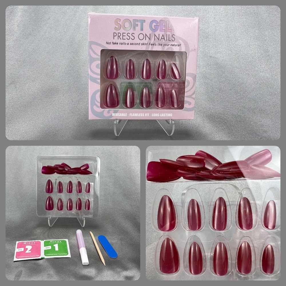 24pcs Soft Gel‎ Press On Nails Cat Eye Magenta Pink Almond Shimmer Reusable Kit